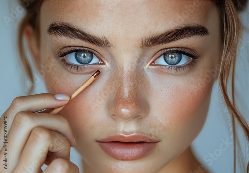 A close up of a young woman applying makeup in natural light, highlighting he...