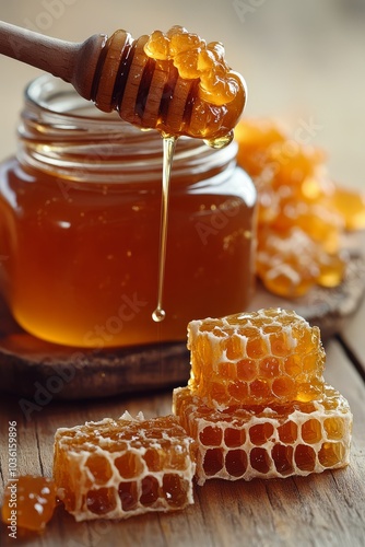 Fresh honey dripping from a wooden dipper into a jar with honeycomb on a wood...