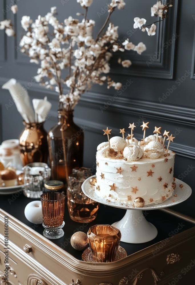 Elegant dessert table featuring a frosted cake with stars and floral decorations for a celebration Elegant dessert table featuring a frosted cake with stars and floral decorations for a celebration