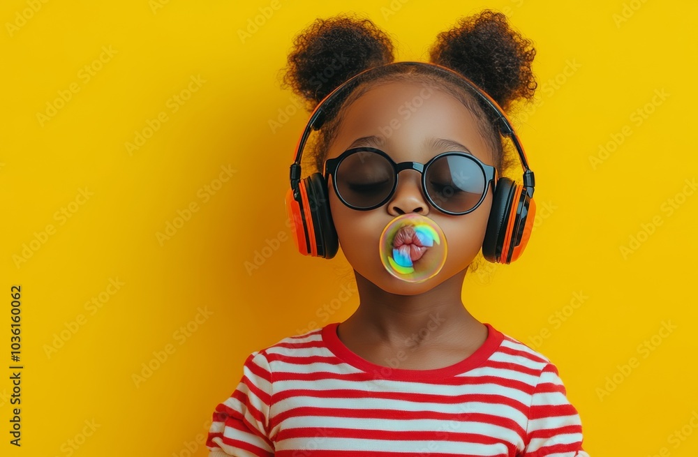 A girl stands confidently with headphones on, wearing oversized sunglasses A girl stands confidently with headphones on, wearing oversized sunglasses