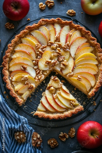 Delicious apple tart with walnuts and fresh apples on a black backdrop surrou...