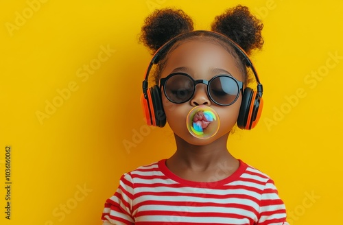 A girl stands confidently with headphones on, wearing oversized sunglasses