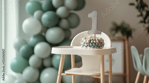 Silver number one balloon on a high chair in a softly decorated birthday back...