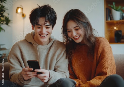 Young couple enjoying a cozy moment while looking at a smartphone in a stylis...