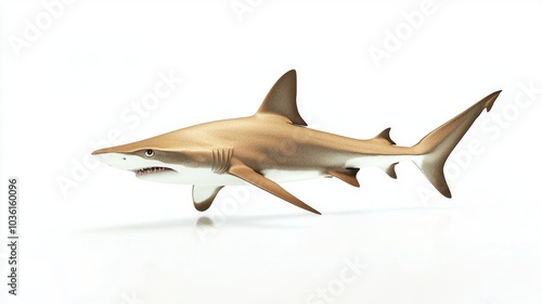 Bonnethead Shark swims smoothly showcasing its distinct shape and features against a clean white background. This species is known for its unique head structure. photo