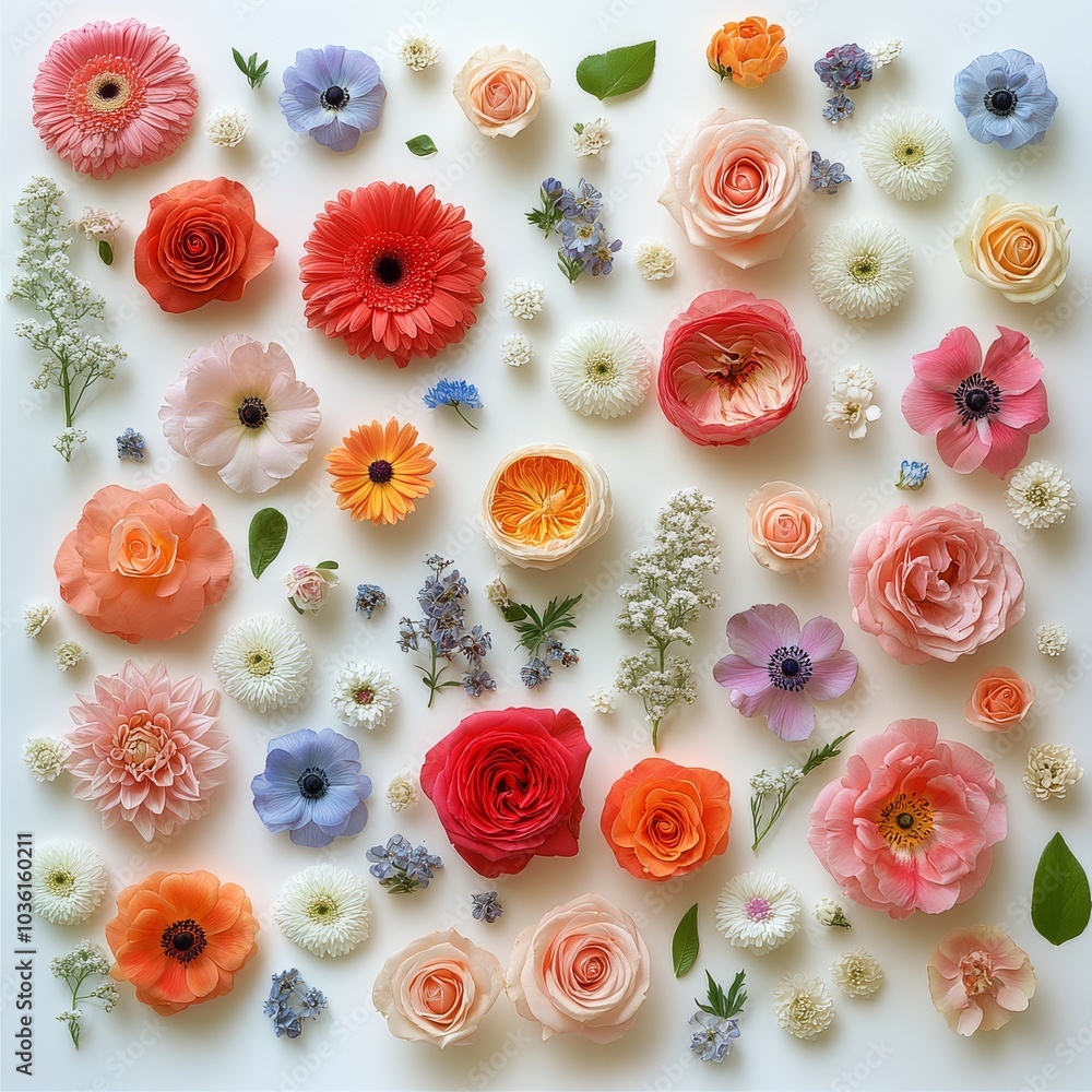 A vibrant arrangement of assorted flowers showcasing their beauty and intricate details in spring A vibrant arrangement of assorted flowers showcasing their beauty and intricate details in spring