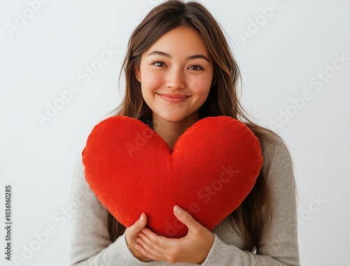 Young woman holding a large red heart shaped pillow while smiling in a cozy s...