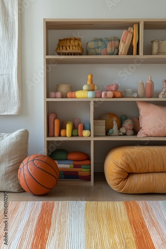 Bright and inviting playroom with shelves of toys, a basketball, and colorful...