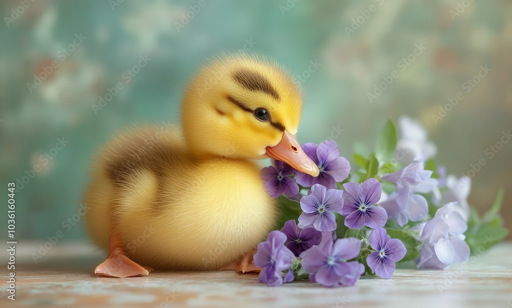 A duckling resting in a nest surrounded by colorful flowers during a sunny spring afternoon A duckling resting in a nest surrounded by colorful flowers during a sunny spring afternoon