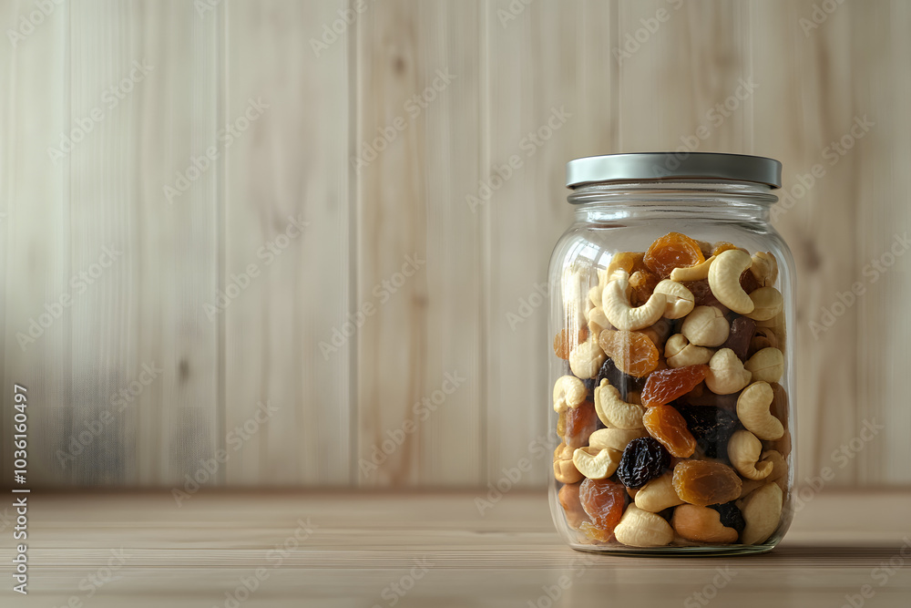 Cashew nut and dried fruit in jar with light wooden background. Cashew nut and dried fruit in jar with light wooden background.