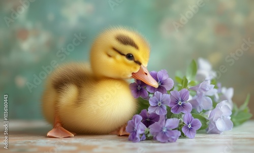 A duckling resting in a nest surrounded by colorful flowers during a sunny sp...