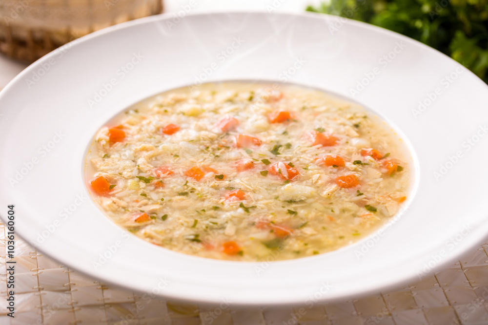 Warm Bowl Of Vegetable And Rice Canja Soup On A White Plate Warm Bowl Of Vegetable And Rice Canja Soup On A White Plate
