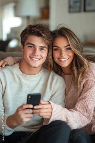 A happy young couple sharing a joyful moment while sitting together in a cozy...