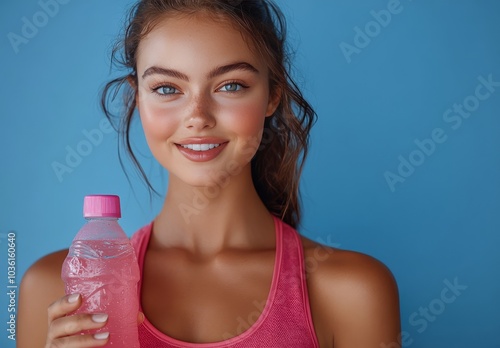 Young woman in sports attire smiling and holding a beverage against a bright ...