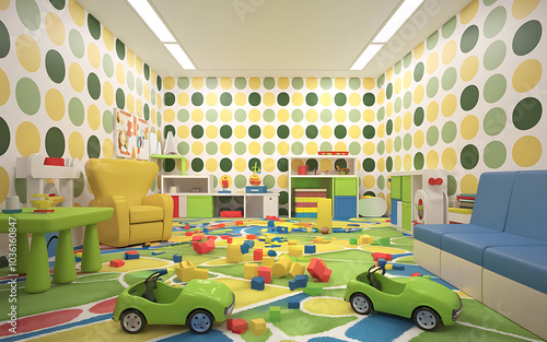 Playful green and yellow kid s room interior design with toys scattered on the floor  perfect for a kindergarten or daycare center    photo