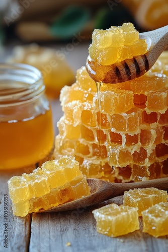 Fresh honey dripping from a wooden dipper into a jar with honeycomb on a wood...