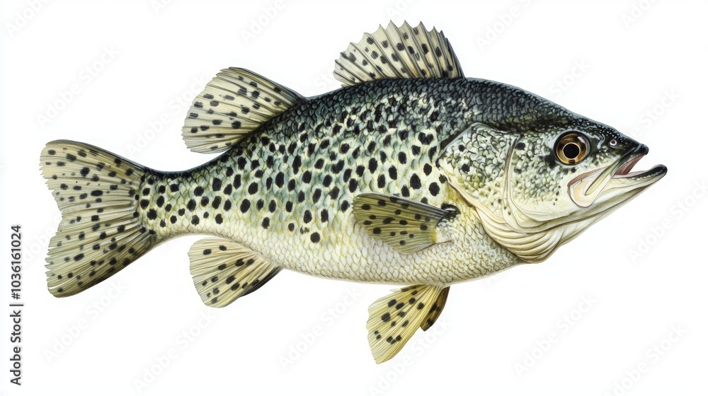 Black Crappie showcases its beautiful spotted body gliding peacefully in a vivid display of aquatic life highlighting its unique features and texture. Black Crappie showcases its beautiful spotted body gliding peacefully in a vivid display of aquatic life highlighting its unique features and texture.