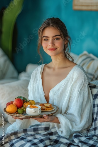 Cozy morning routine with a young woman enjoying breakfast and fresh fruits a...