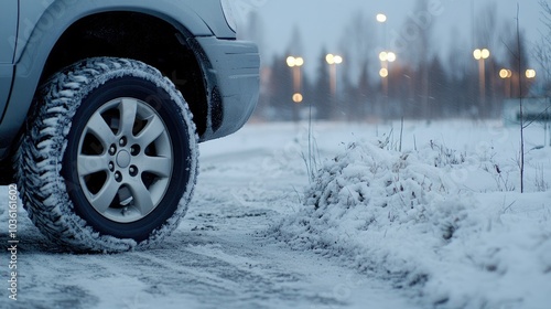 Close-up of winter tires on a car navigating a rainy, snowy urban street illuminated by city lights at night