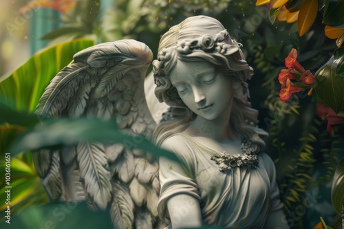 A serene angel statue is nestled among lush greenery and flowers. Concept reflects tranquility and nature. For promoting garden design or peaceful spaces. photo