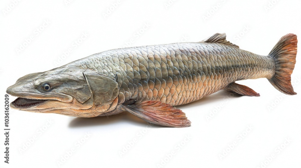 Arapaima gigas swims elegantly displaying its impressive size and vibrant colors in a striking white backdrop emphasizing the fishs unique features and beauty. Arapaima gigas swims elegantly displaying its impressive size and vibrant colors in a striking white backdrop emphasizing the fishs unique features and beauty.