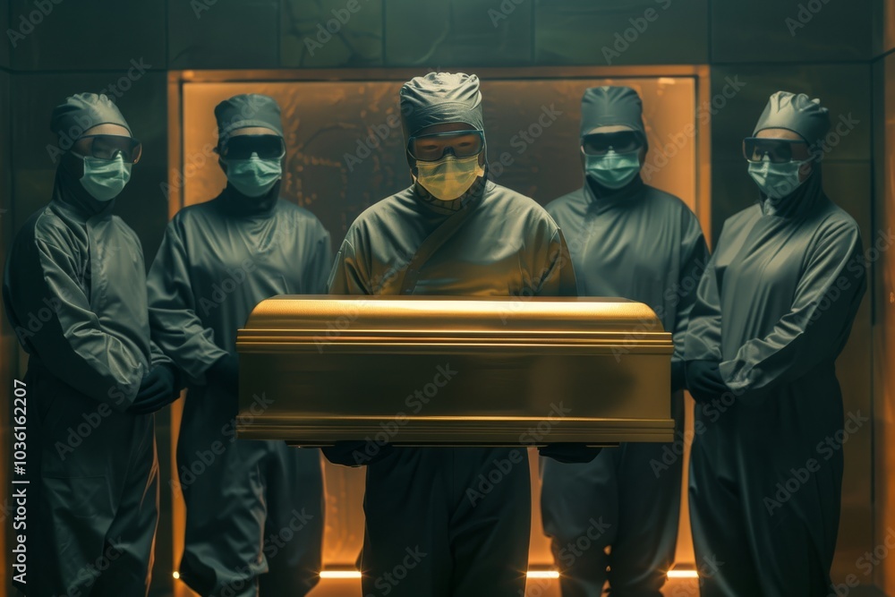 A group of people in protective suits holds a golden casket in a dim room. Concept of a ceremonial or scientific setting. For illustrating futuristic scenes. A group of people in protective suits holds a golden casket in a dim room. Concept of a ceremonial or scientific setting. For illustrating futuristic scenes.