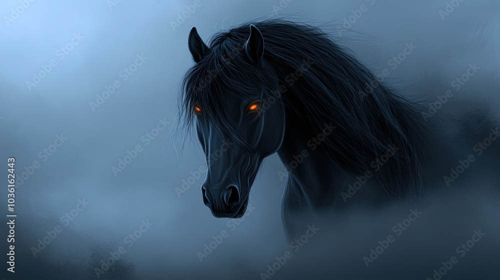 Obraz premium A black horse with glowing eyes stands in a misty field, gazing directly at the viewer.