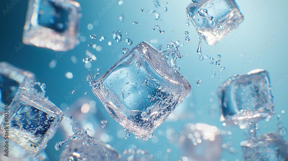 A cluster of ice cubes with water cascading from the top and bottom A cluster of ice cubes with water cascading from the top and bottom