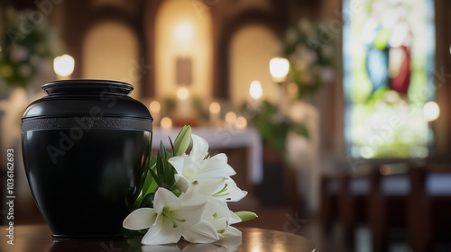 Black cremation urn with lilies in a church during a memorial service