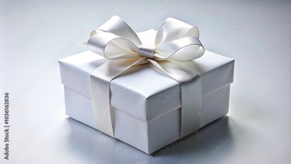 Silver gift box with a bow is casting a shadow on a silver background Silver gift box with a bow is casting a shadow on a silver background