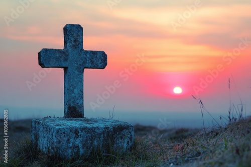 Silhouette of stone cross against sunset, dramatic red sky, spiritual and symbolic atmosphere, tranquil rural landscape, peaceful and emotional setting, countryside monument

 photo