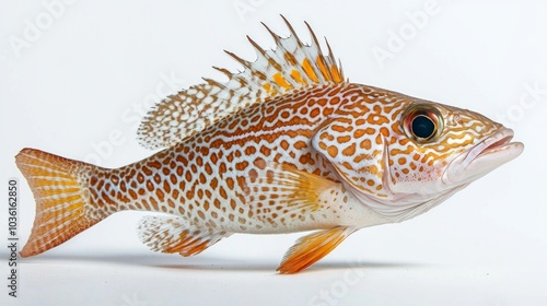 Tilefish known scientifically as Lopholatilus chamaeleonticeps displays its striking patterns and colors while resting on a white background highlighting its unique features. photo