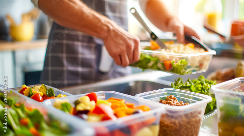 Fototapeta premium A person skillfully portions vibrant vegetables into containers, preparing nutritious meals in a sunlit kitchen filled with fresh ingredients and natural light
