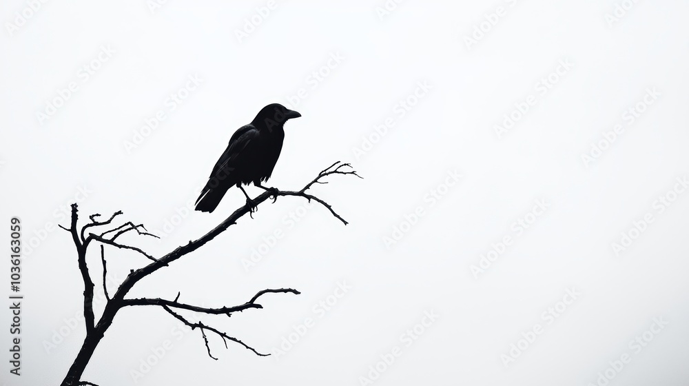 Fototapeta premium Elegant Silhouette of a Raven Perched on a Branch