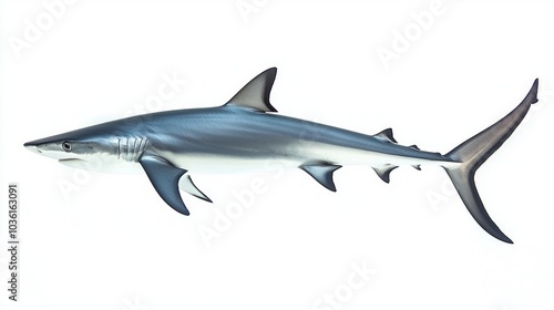 thresher shark known for its elongated tail is displayed against a white background highlighting its unique form and anatomy for educational purposes.