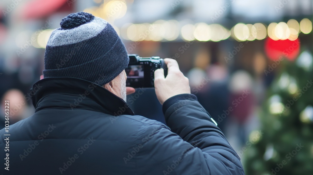 Man capturing holiday moments in a festive market Man capturing holiday moments in a festive market