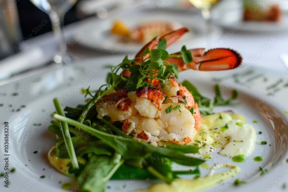 A gourmet dish of lobster and greens is artfully presented on a plate. Concept of fine dining and culinary artistry. For restaurant menu presentations A gourmet dish of lobster and greens is artfully presented on a plate. Concept of fine dining and culinary artistry. For restaurant menu presentations