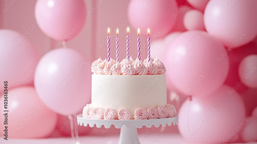 Birthday cake with pink frosting and five candles in front of pink balloons. Birthday cake with pink frosting and five candles in front of pink balloons.