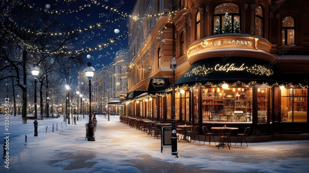 Obraz premium Guests enjoy warm drinks in a festive cafe, surrounded by snow-covered streets illuminated with sparkling decorations