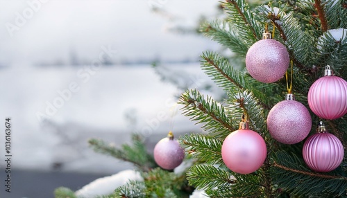 Ein verzauberter Weihnachtsbaum draußen, geschmückt mit rosa Kugeln und glitzerndem Schnee photo