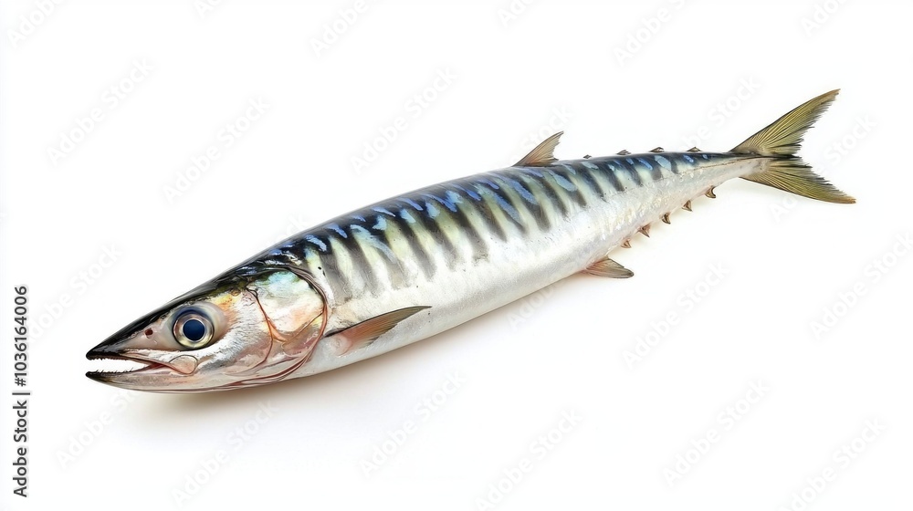 Spanish mackerel Scomberomorus maculatus is showcased against a pristine white background emphasizing its distinct features for educational and production insights. Spanish mackerel Scomberomorus maculatus is showcased against a pristine white background emphasizing its distinct features for educational and production insights.