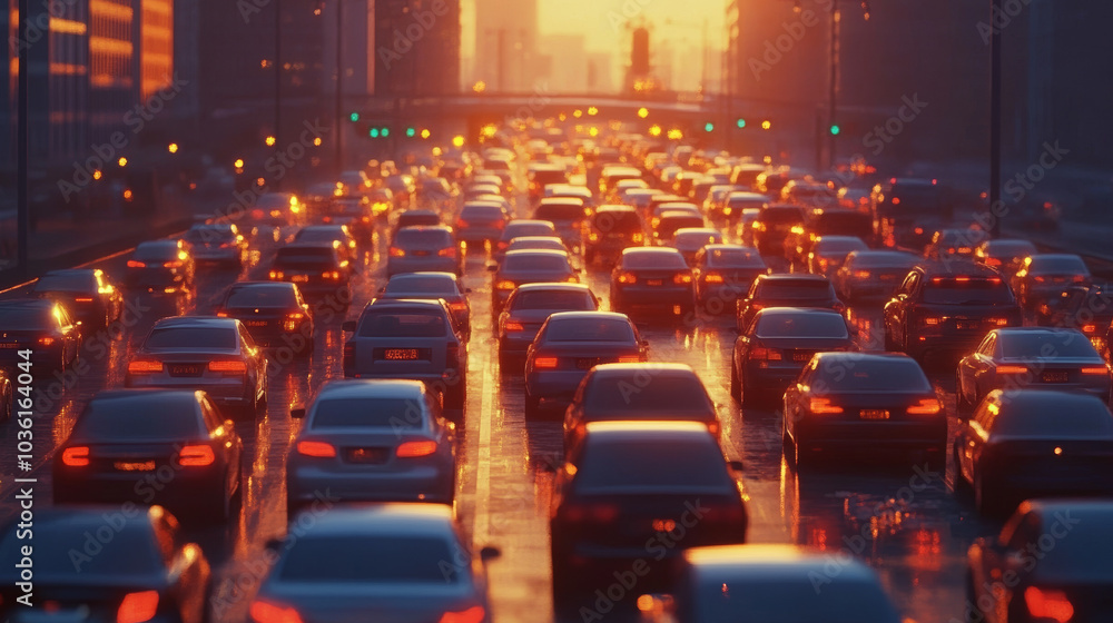 Obraz premium Lots of cars are stuck in heavy traffic on the city streets and highway during rush hour.