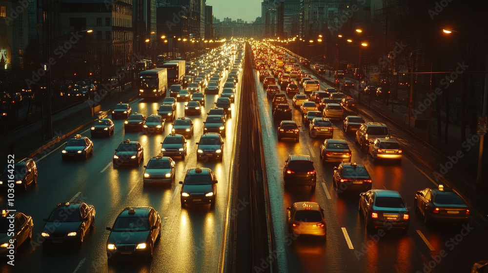 Obraz premium Lots of cars are stuck in heavy traffic on the city streets and highway during rush hour.