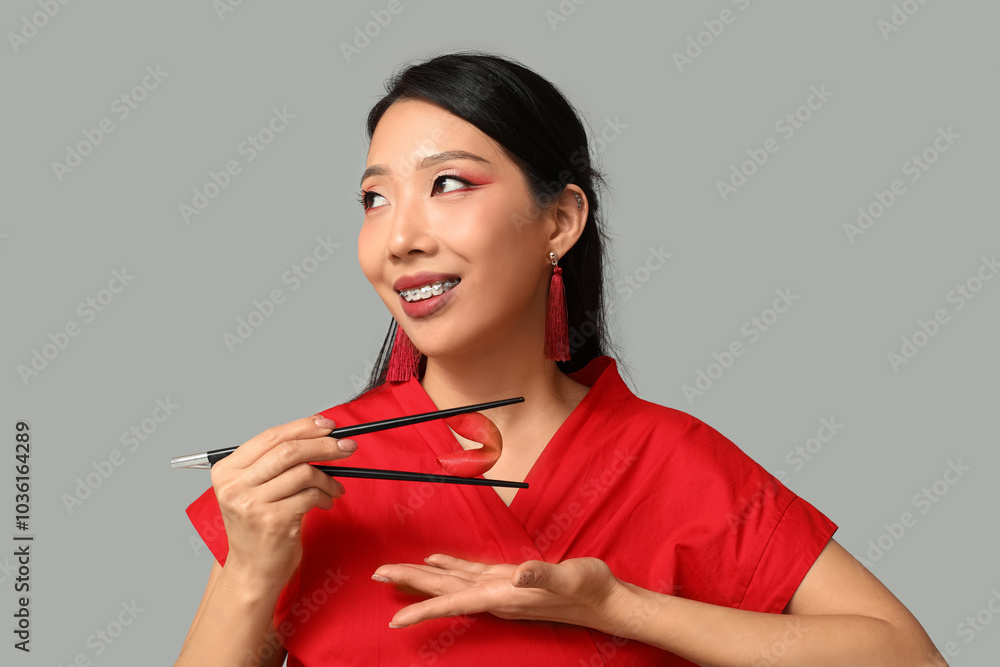 Beautiful young happy Asian woman with chopsticks and fortune cookie on grey background. Chinese New Year celebration Beautiful young happy Asian woman with chopsticks and fortune cookie on grey background. Chinese New Year celebration