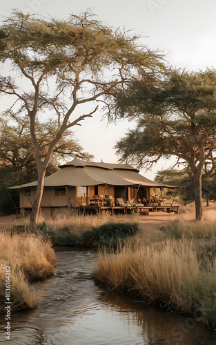 Luxury safari tent and a river in a serene African landscape  brown and green  perfect for travel and adventure   