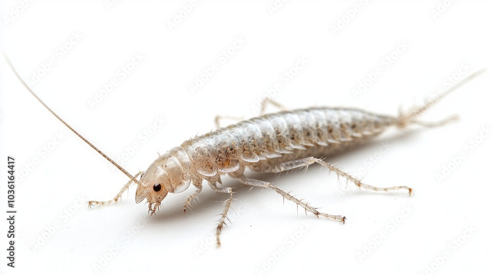 Silverfish a member of the Argentiniformes displays its slender elongated body and distinct antennae against a clean white backdrop highlighting its unique morphology. Silverfish a member of the Argentiniformes displays its slender elongated body and distinct antennae against a clean white backdrop highlighting its unique morphology.