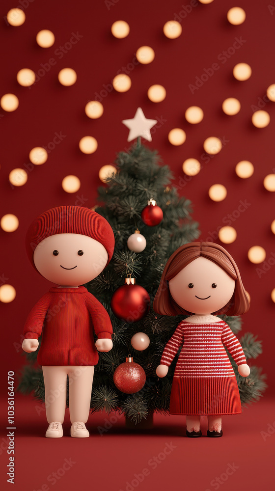 Whimsical christmas scene featuring playful characters by a festive tree illuminated with twinkling lights Whimsical christmas scene featuring playful characters by a festive tree illuminated with twinkling lights