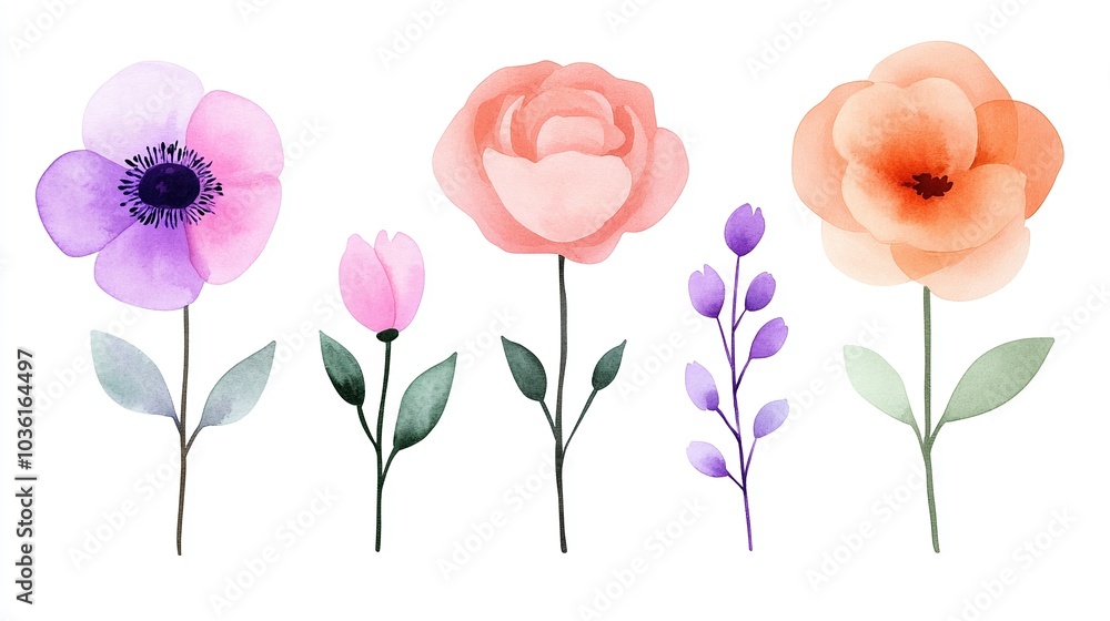 Obraz premium Elegant watercolor floral illustration, soft and vibrant flower designs, minimal aesthetic, pastel tones, creative botanical art, delicate and charming floral patterns