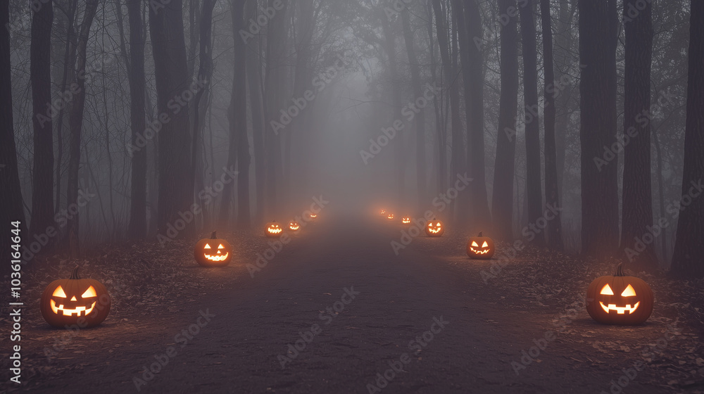 Halloween Forest Path with Jack O Lanterns and Fog Halloween Forest Path with Jack O Lanterns and Fog
