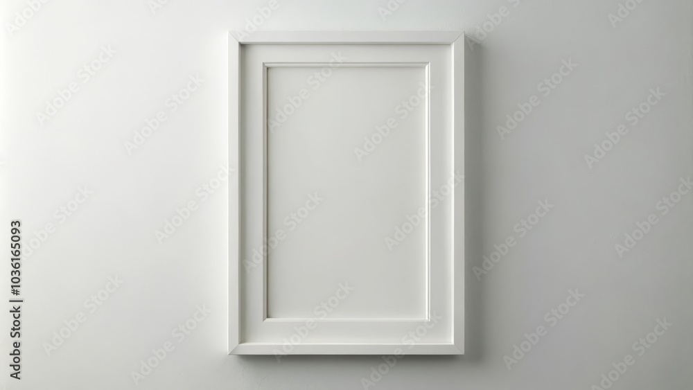 White picture frame is hanging on a white wall providing copy space White picture frame is hanging on a white wall providing copy space